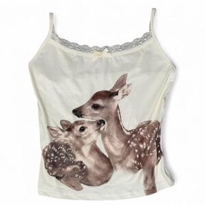 Y2K Coquette Deer Graphic Lace Bow Cami XS Cottage Tank Brandy Melville Style